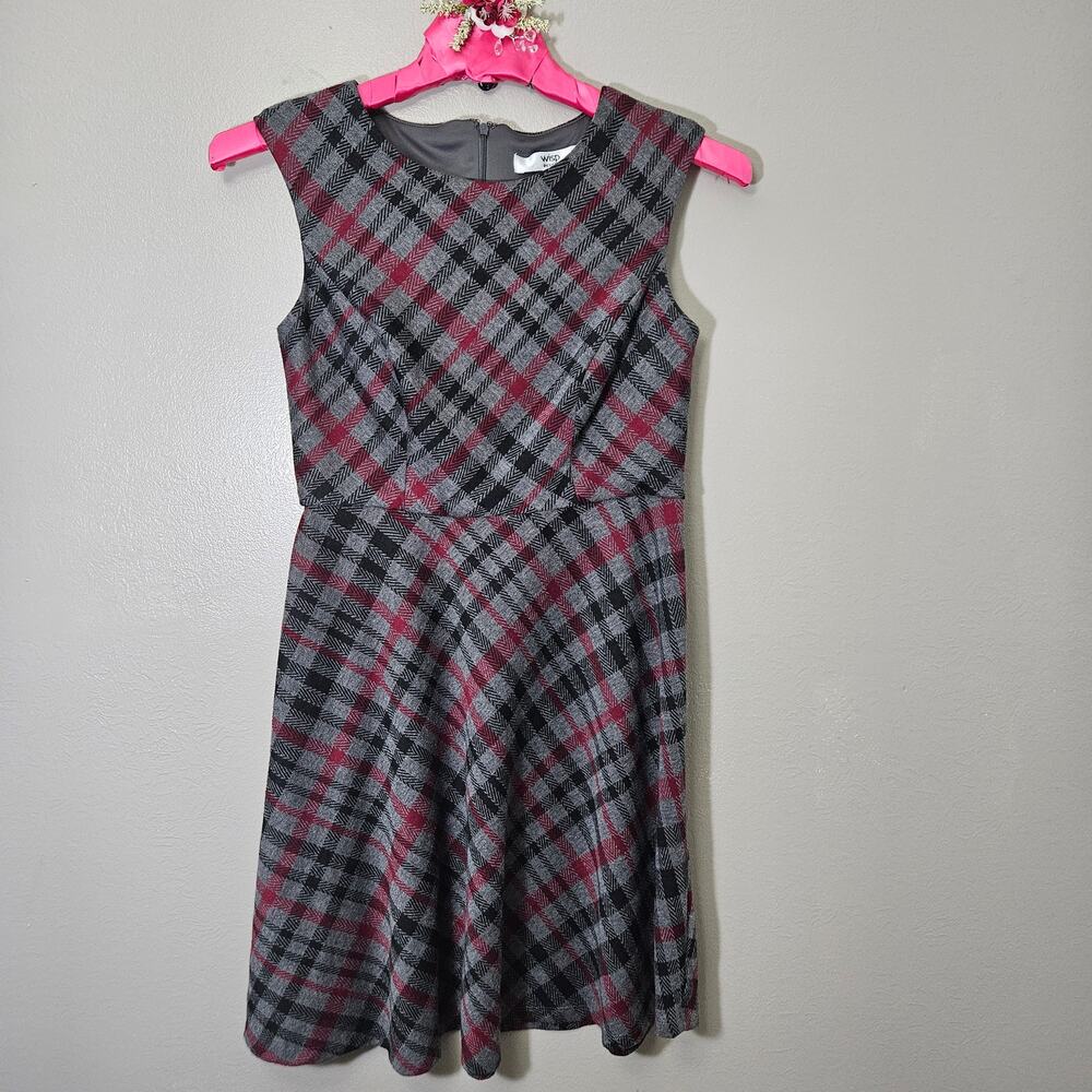 Wisp Petites Plaid Fit & Flare Dress Gray Red Size 4P Punk Whimsygoth Twee Mod